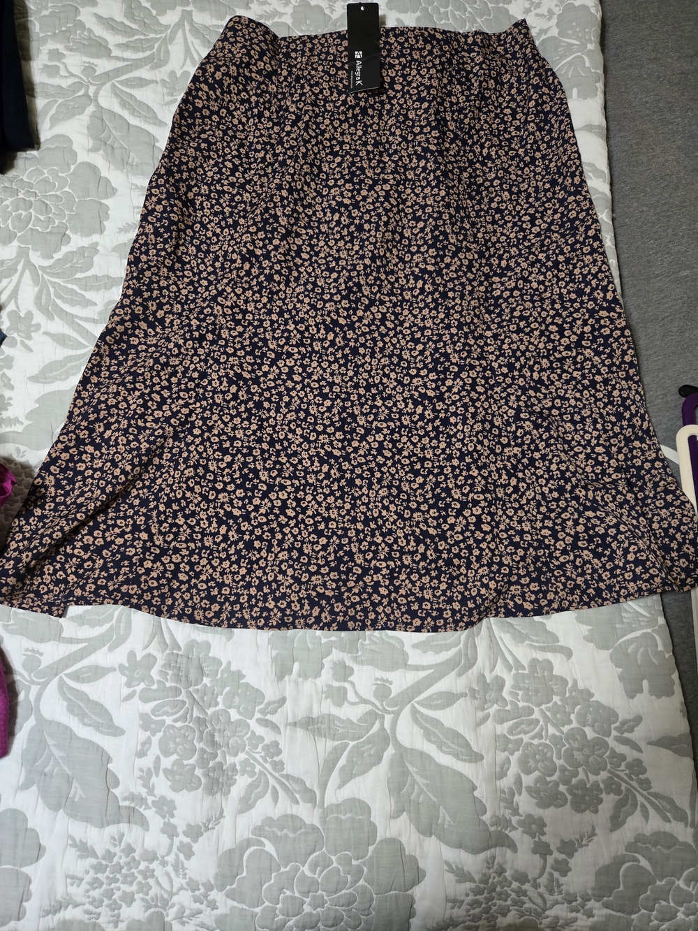 Floral A-Line Midi Skirt in Navy and Brown